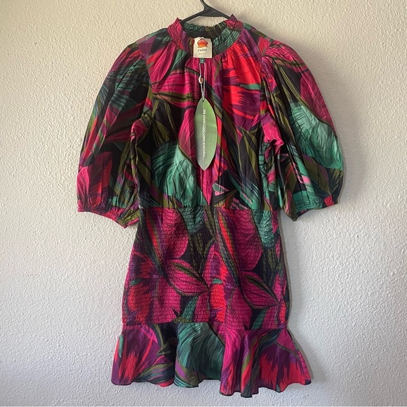 FARM Rio Midnight Leaves Mini Dress Women’s S Smocked Ruffle Puff Sleeve Cotton - Picture 2 of 16